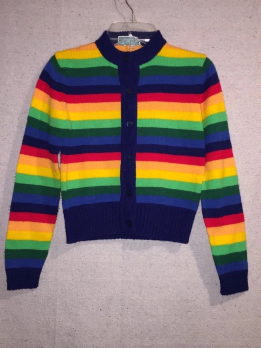 Vintage Kids 70s Primary Colors Rainbow Knit Cardigan Button Striped Boys Girl M - Picture 2 of 8